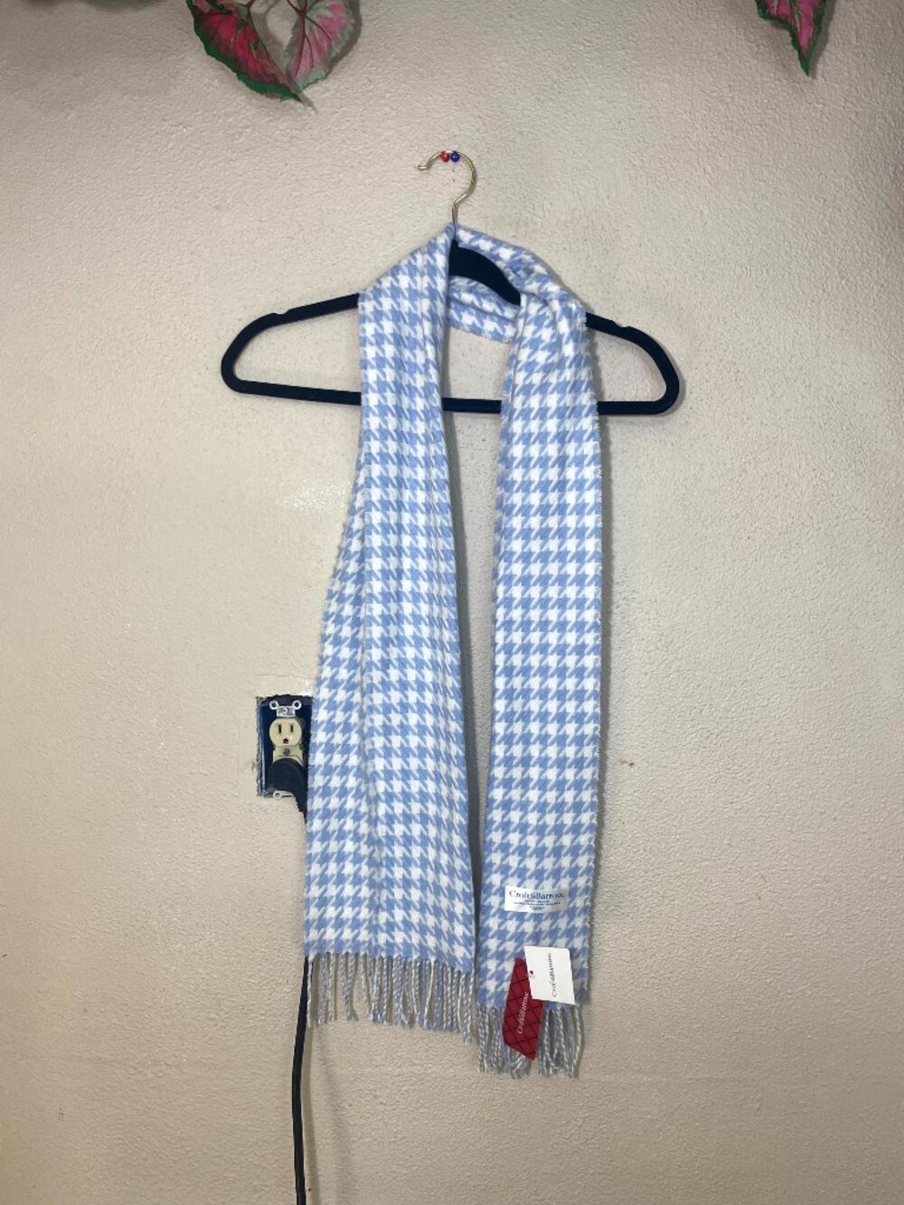 Croft & Barrow Houndstooth Scarf Blue White Fringe Soft Acrylic NWT Womens